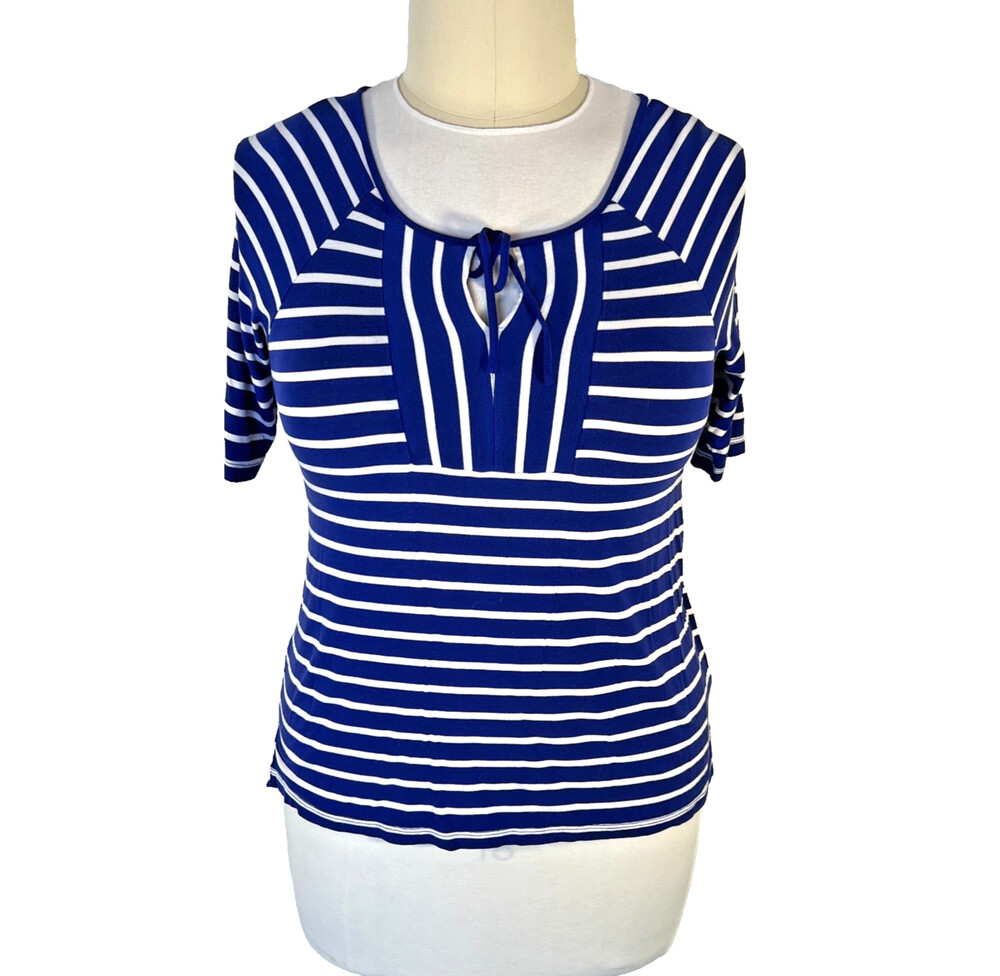 Cable & Gauge - Blouse Women's PL Blue White Striped Short Sleeve Tie Neck